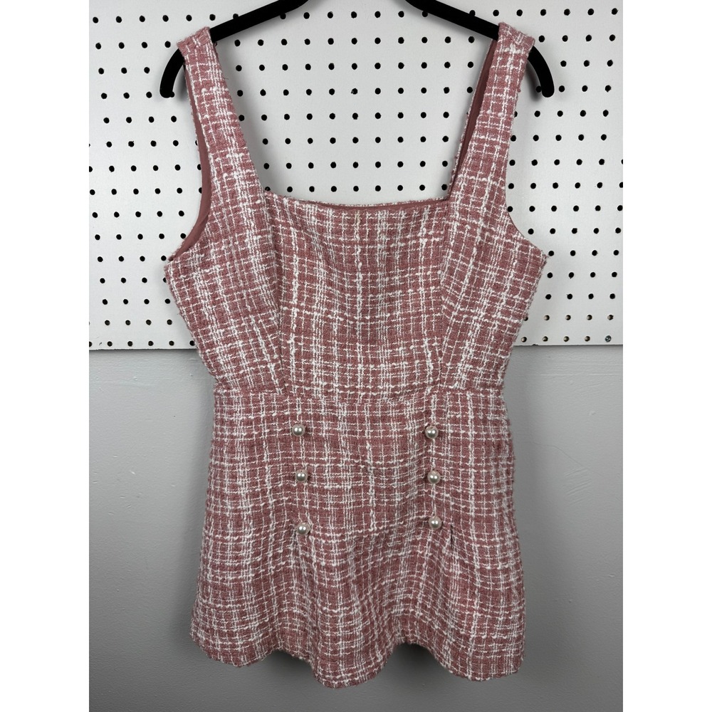 Forever 21 Pink Tweed Pearl Button Romper L Coquette Preppy Square Neck